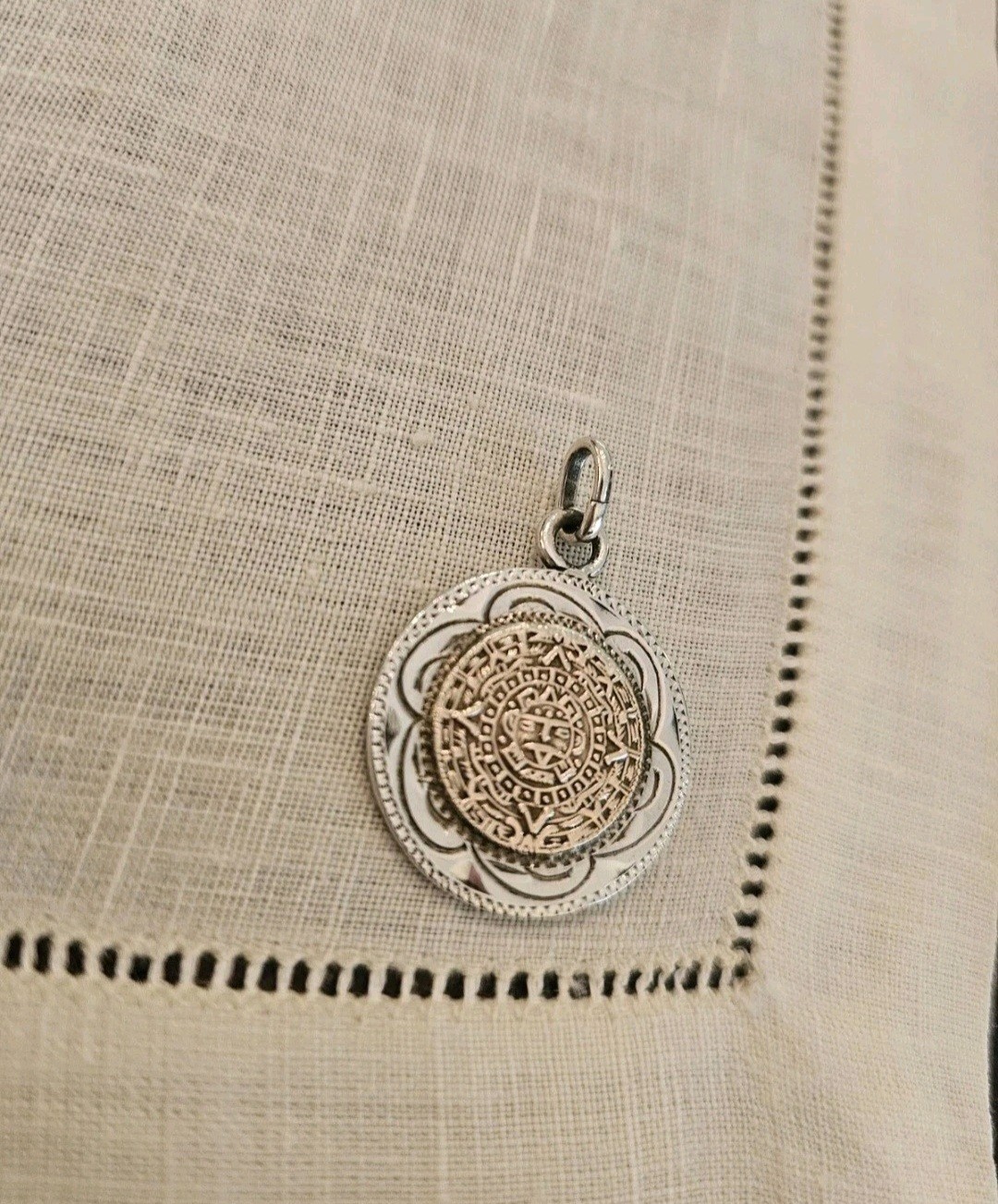 Vintage Mexico Mixed Metal 10k Gold Sterling Silver Aztec Mayan Calendar Pendant