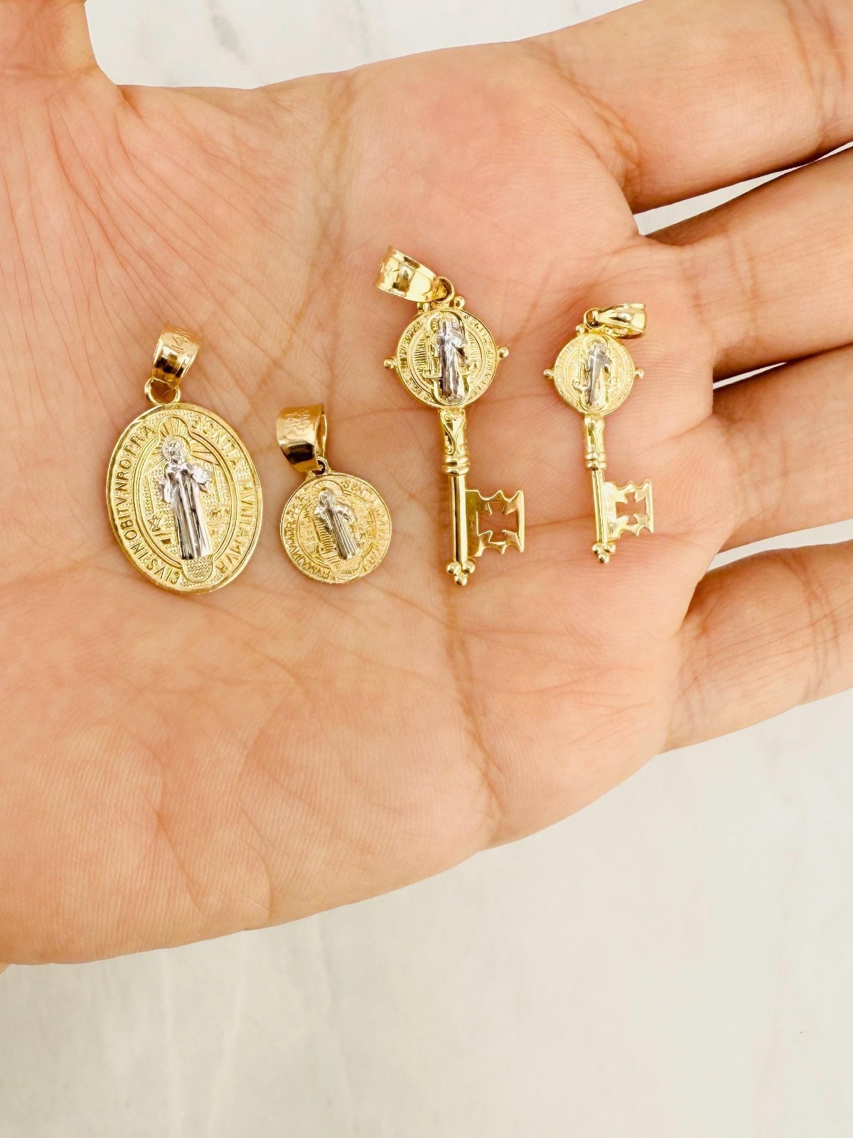 14k gold pendant st Benedict medallion key San Benito medalla llave