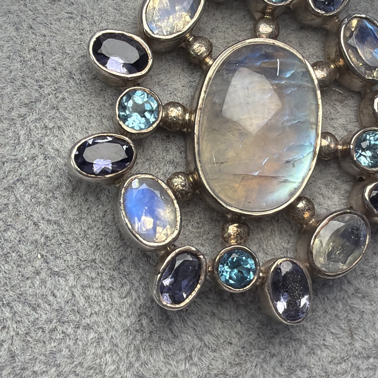 Sterling Silver SJ 925 Moonstone Amethyst Topaz Multi Gem Large Pendant Unique