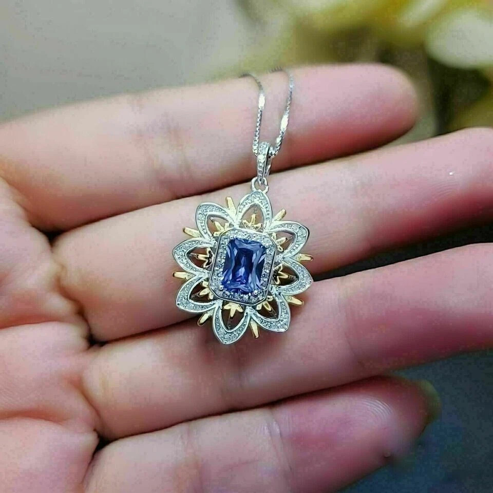 Flower 3Ct Emerald Cut Blue Tanzanite Pendant 14K White Gold Finish With Chain