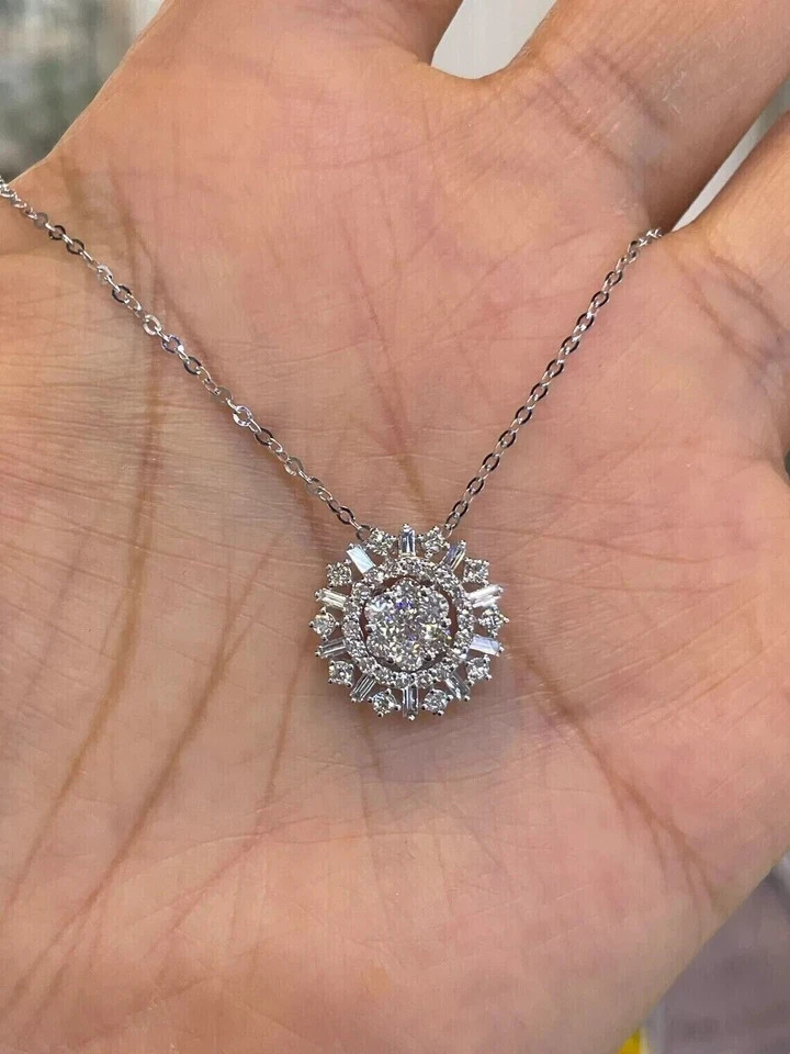 2Ct Round Cut Lab Created Diamond Cluster Pendant Necklace 14K White Gold Plated
