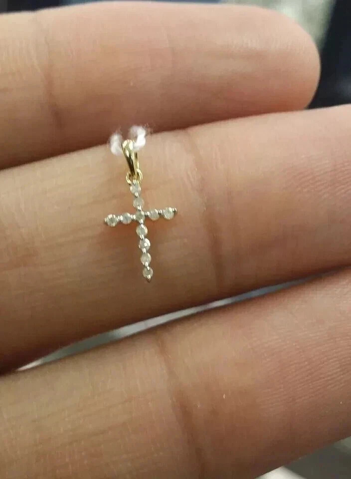 1Ct Round Cut Real Moissanite Baby Cross Pendant 14K Yellow Gold Plated