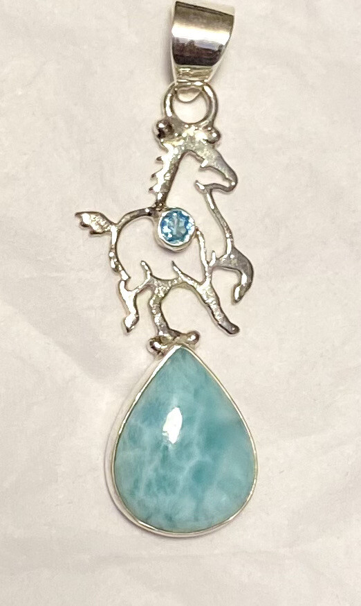 Lovely Larimar & Blue Topaz Horse Pendant 2” 925 Sterling Silver🌹