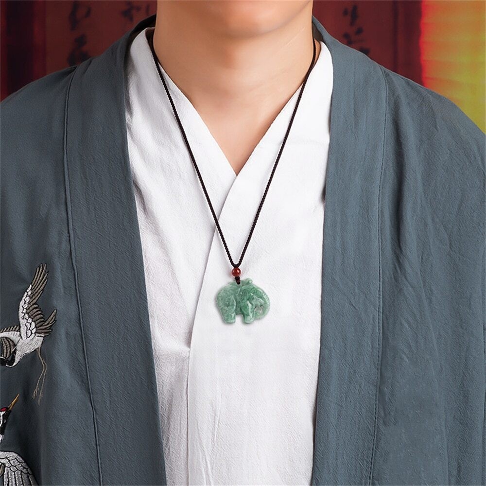 Natural Grade A Jadeite Hand Carved Cute Elephant Amulet Lucky Pendant Necklace