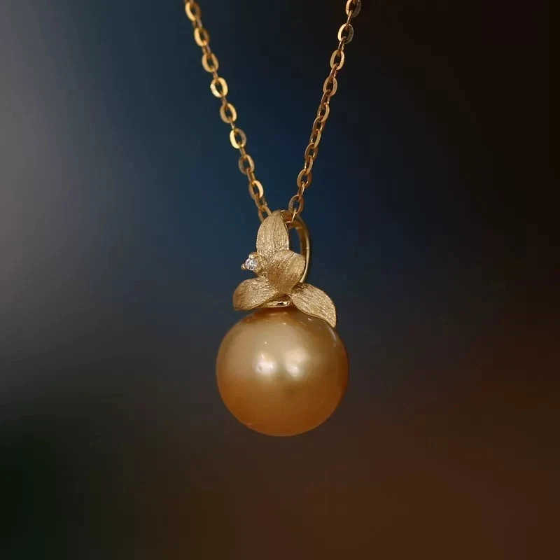 Gorgeous AAAA 11-12mm natural south sea Golden Round pearl pendant necklace 925S
