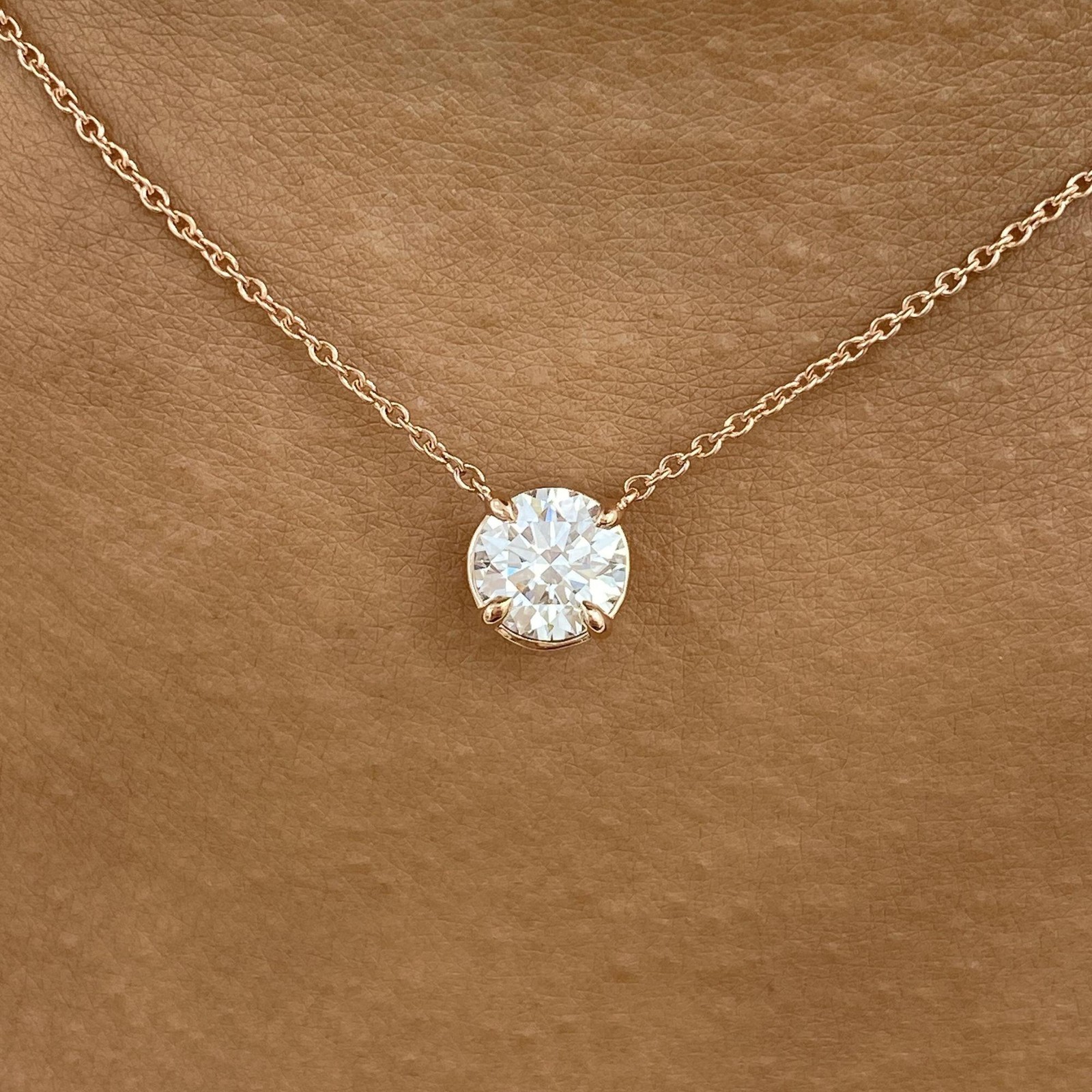 14K Rose Gold Solitaire Necklace 1ct Round E/VVS2 Labcreated Diamond Certified