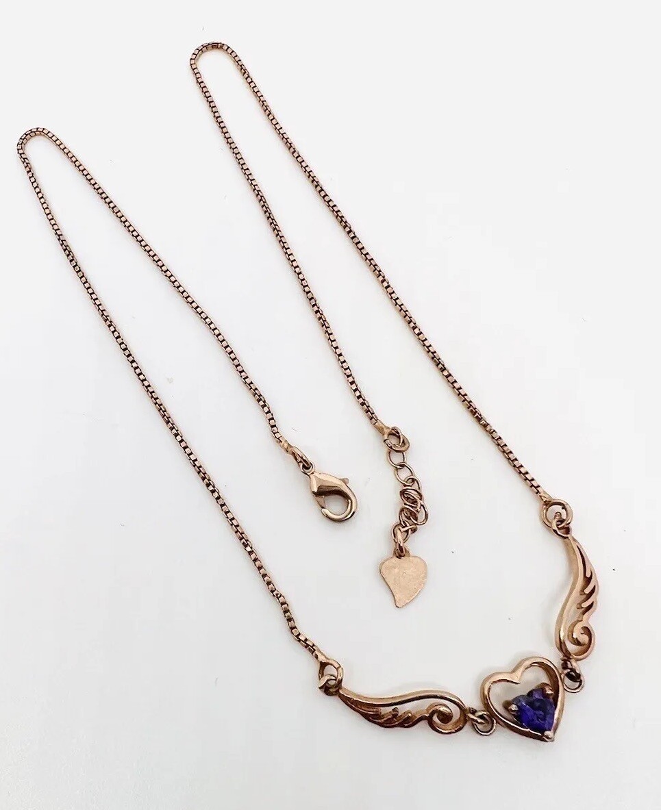 Sterling Silver Rose Gold Vermeil Amethyst Heart & Wings Necklace 18 Inch
