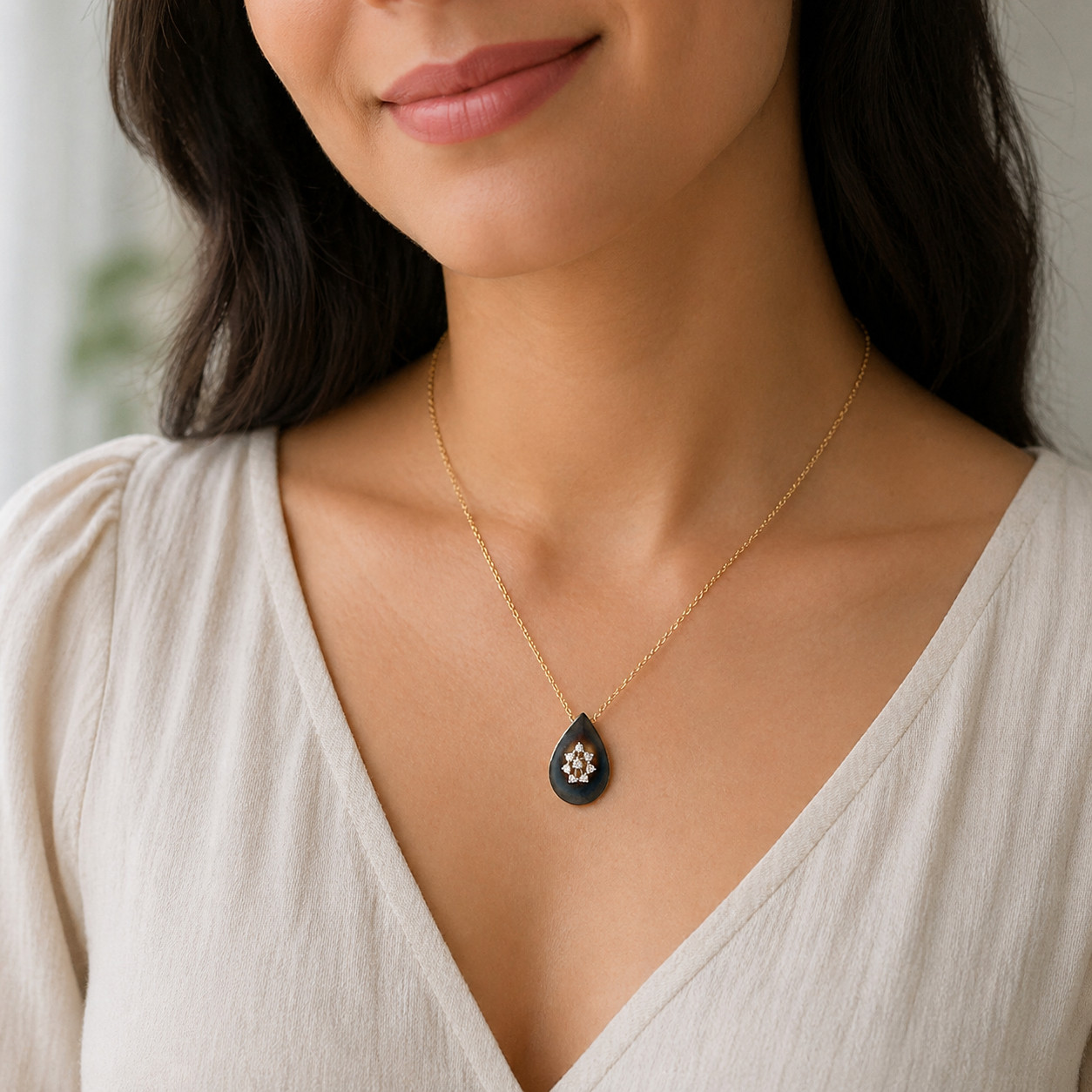 Natural Diamond Lotus Pendant Necklace 14K Yellow Gold, Floral Diamond Necklace