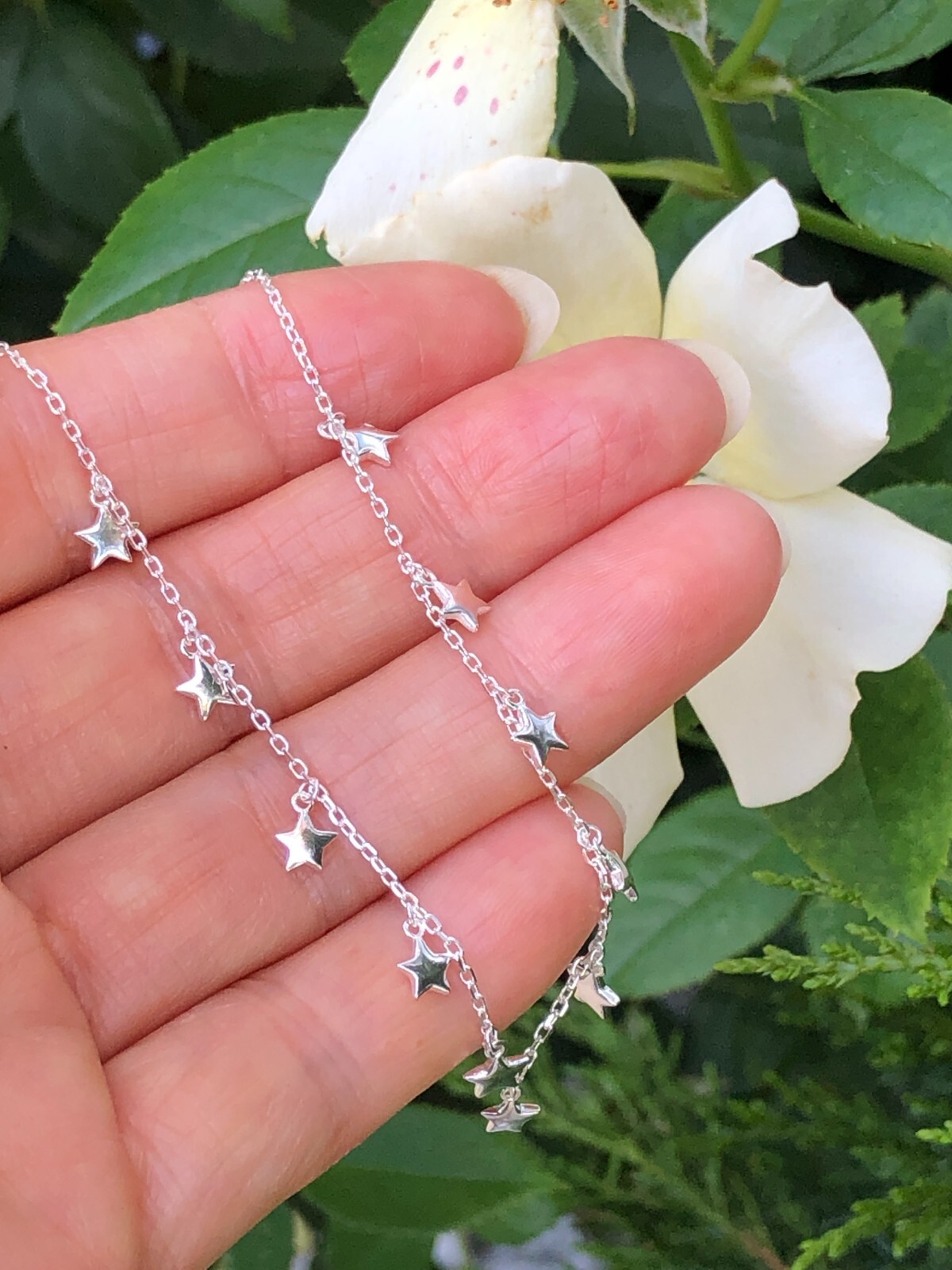 925 Sterling Silver Dangle Star Station Choker Necklace Dainty 3.5mm 15.5″ Women