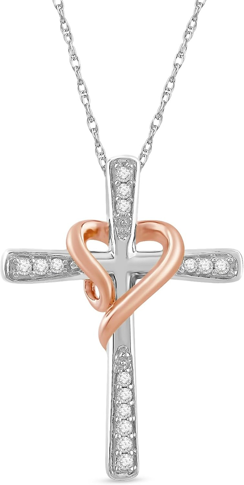 Cross Heart Necklace Pendant in Yellow Gold or Rose Gold over Sterling Silver wi