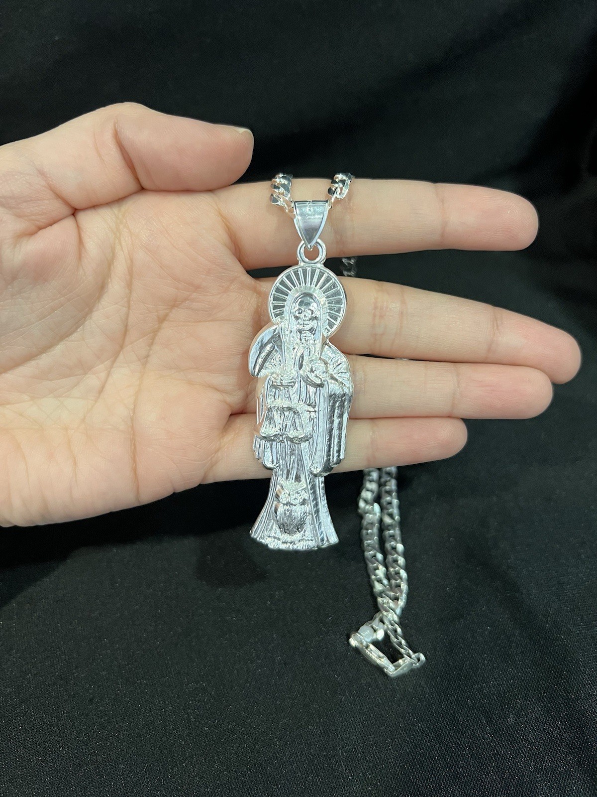 925 Sterling Silver Big Men Women Santa Muerte Grim Reaper & Curb Chain 20 26 30