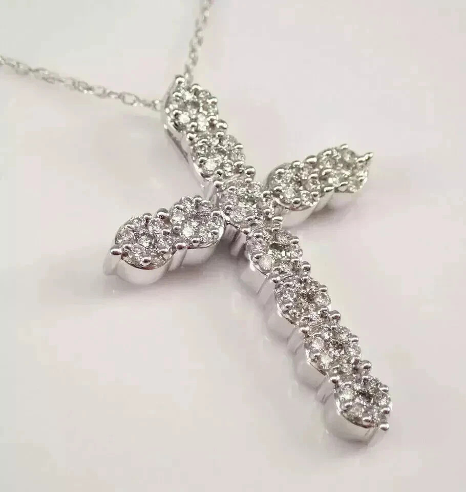 1.50 Ct Round Lab Created Diamond Cross Pendant 14K White Gold Plated Free Chain
