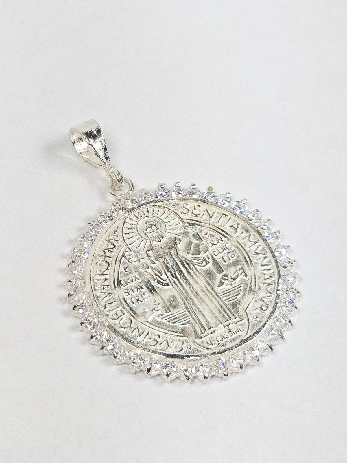 Saint Benedict Medal Pendant CZ Large San Benito 925 Sterling Silver 37mm
