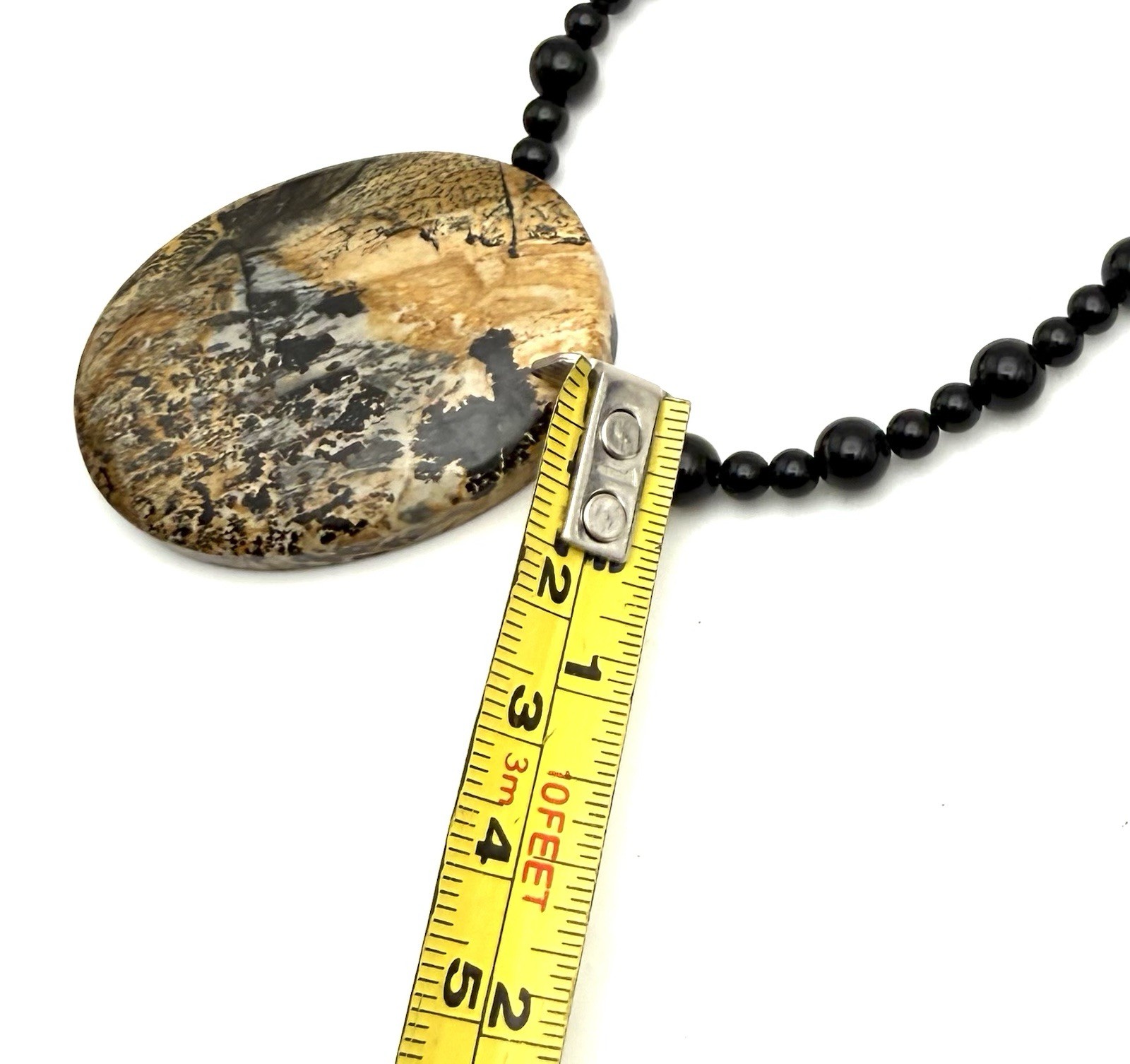 Dendritic Picture Jasper Pendant 925 Clasp Necklace. Black Gemstone Beaded 18”
