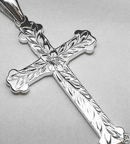 26mm SOLID 925 Silver Hand Engraved Hawaiian Royal Maile Plumeria Cross Pendant