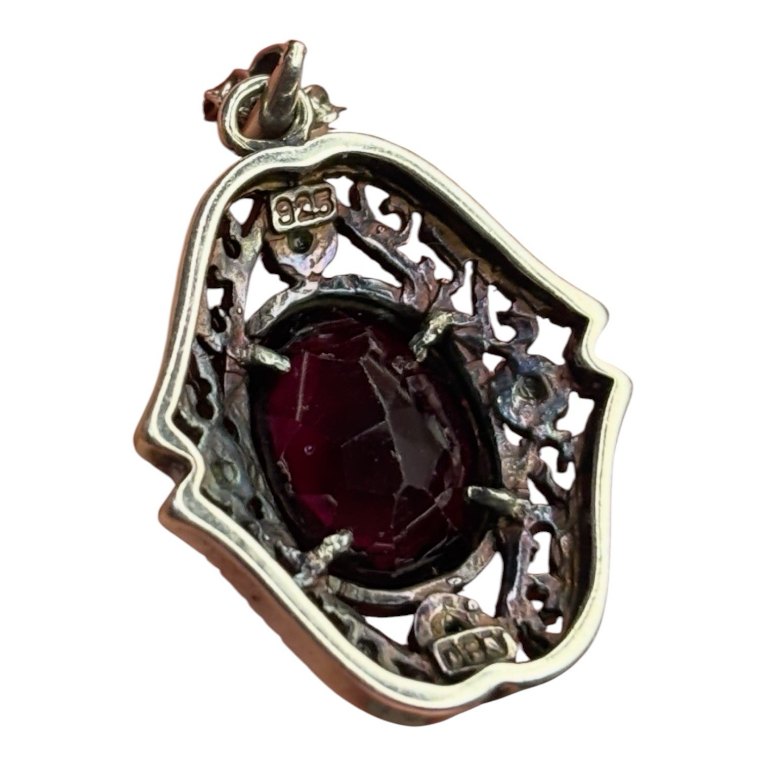 Sterling Silver 925 Garnet Red Marcasite Pendant Necklace Made In Italy Stamped