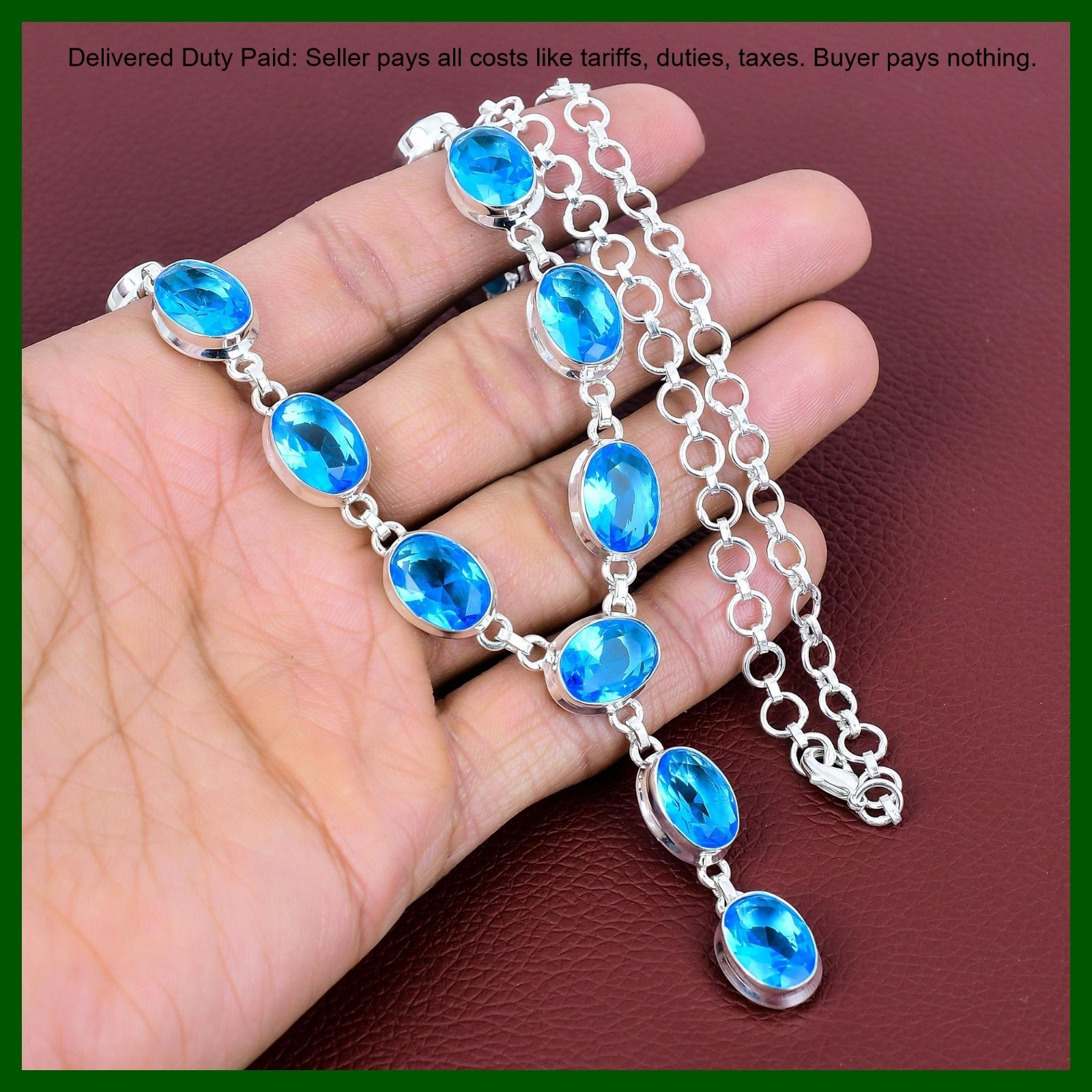 Valentines Sale 925 Silver Swiss Blue Topaz Stone Wedding Chain Trendy Necklace