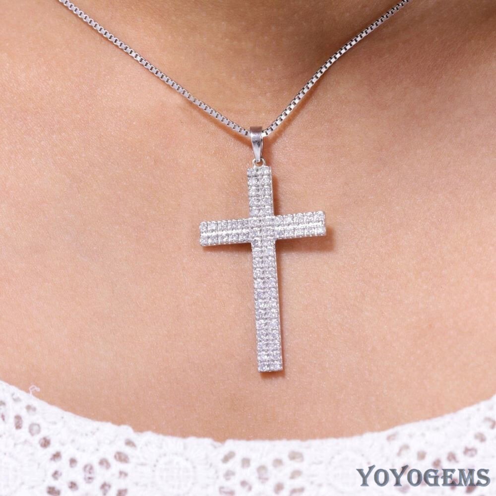 Moissanite Cross Wedding Pendant 2 Carat Round Cut F/VVS1 Solid 14K White Gold