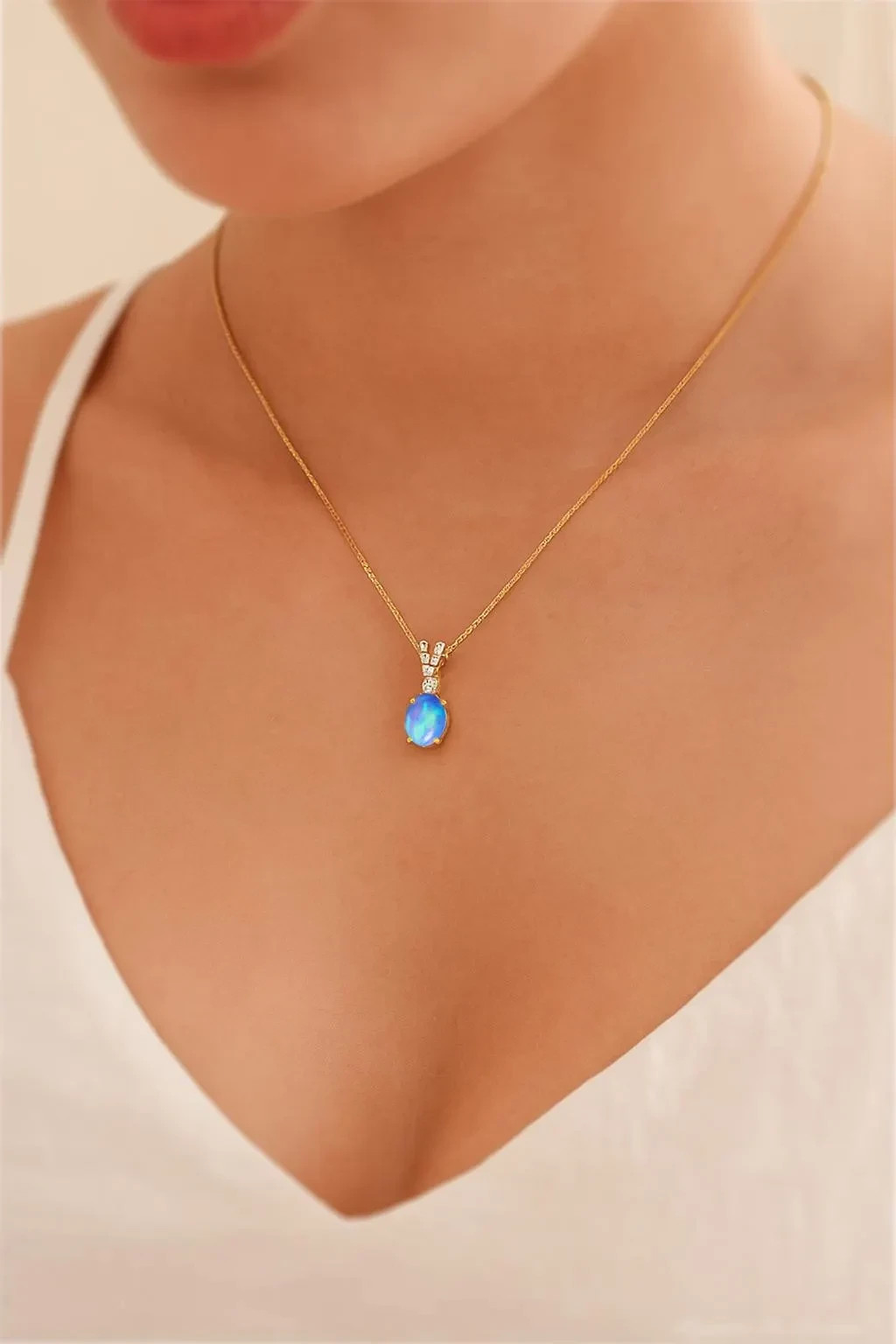 Blue Opal Gemstone Oval Charm Pendant Necklace, Natural Opal Gemstone Necklace