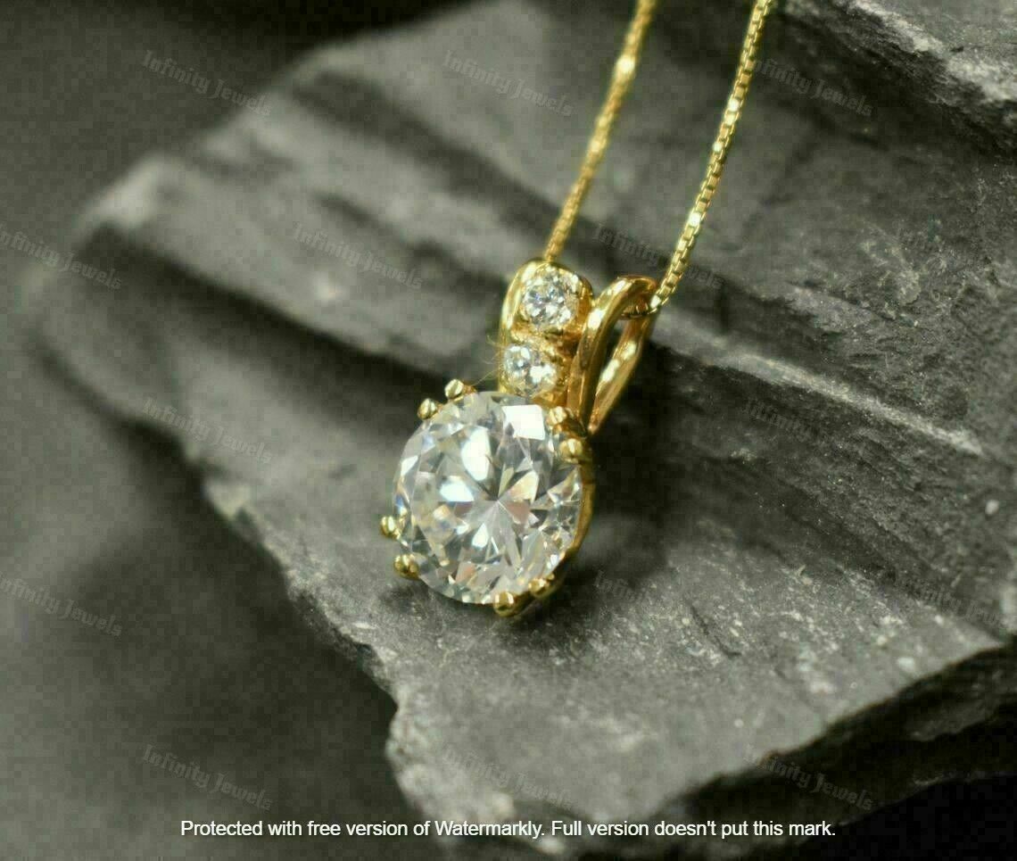 3Ct Round Cut VVS1/D Diamond Solitaire Pendant 14K Yellow Gold Finish Free Chain