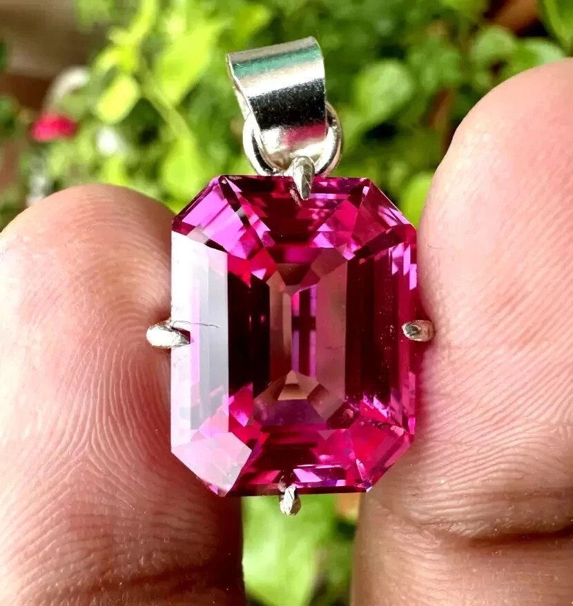25 CT Natural Pink Emerald Sapphire Cut 925 Solid Silver Gemstone Pendant
