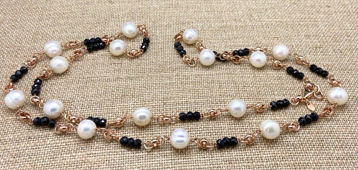 HONORA WHITE PEARL & BLACK BEAD NECKLACE BRONZE MILOR ITALY NEW IN BOX