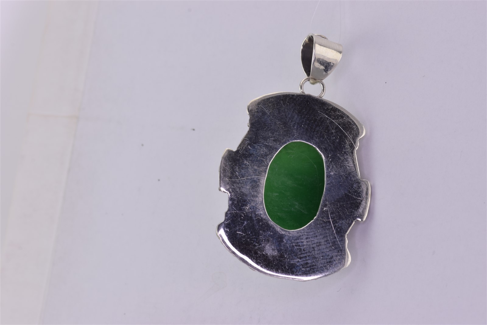 Sterling Silver 36mm x 26mm Oval Green Jade Balinese 10g Statement Pendant