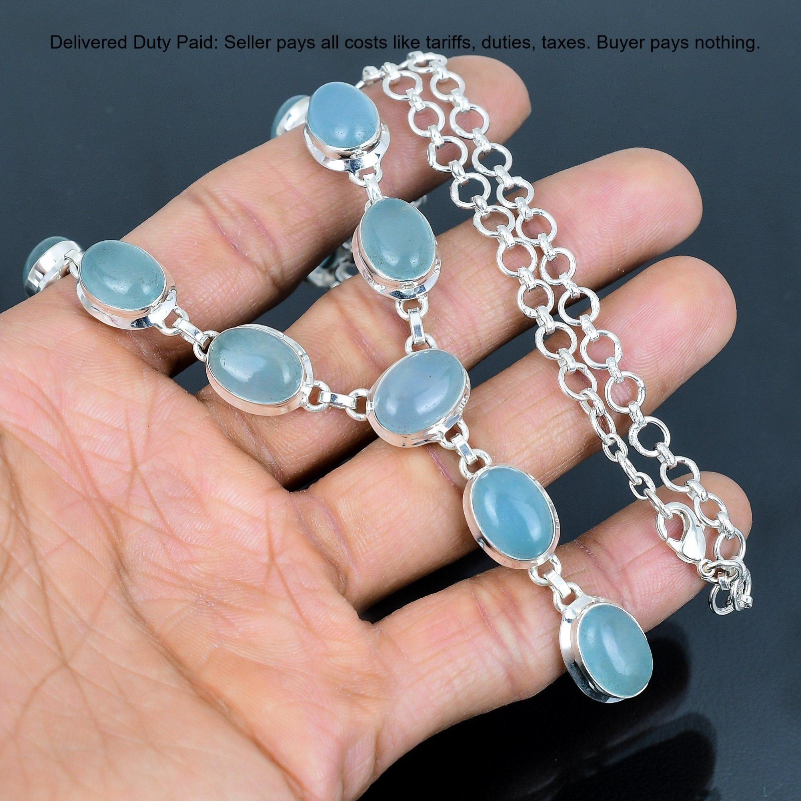 Valentines Deal Sterling Silver Oval Aquamarine Gemstone Chain Necklace Jewelry