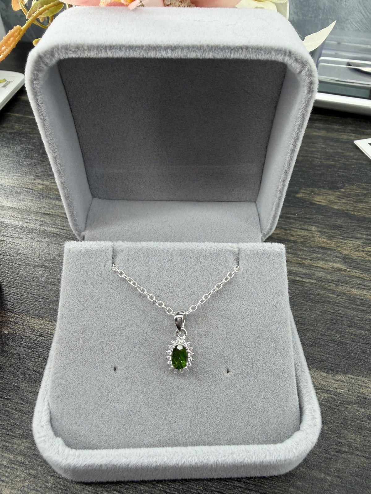 Stunning Natural Chrome Diopside w/Halo Pendant Necklace 925 Sterling Silver 18”