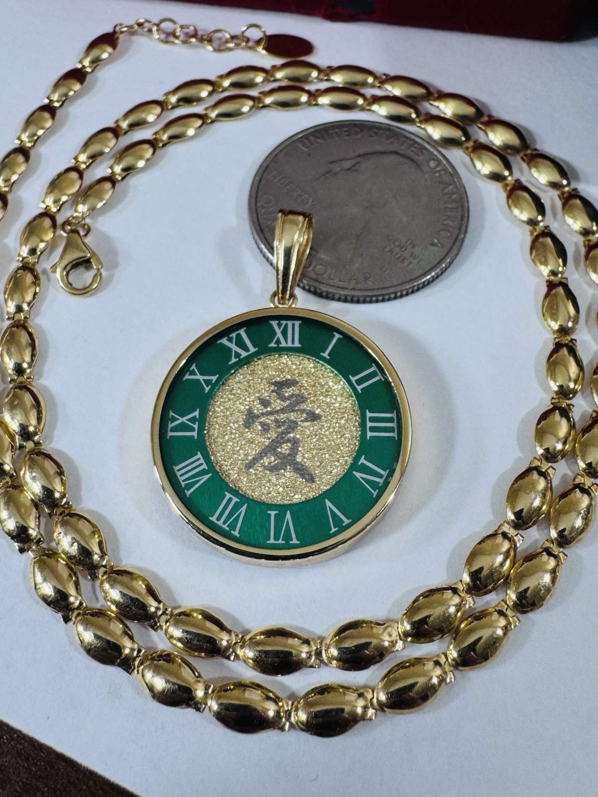 K18 Japan Gold Round Green Love Pendant W/ Necklace 17/17.5” Long 15g 4mm