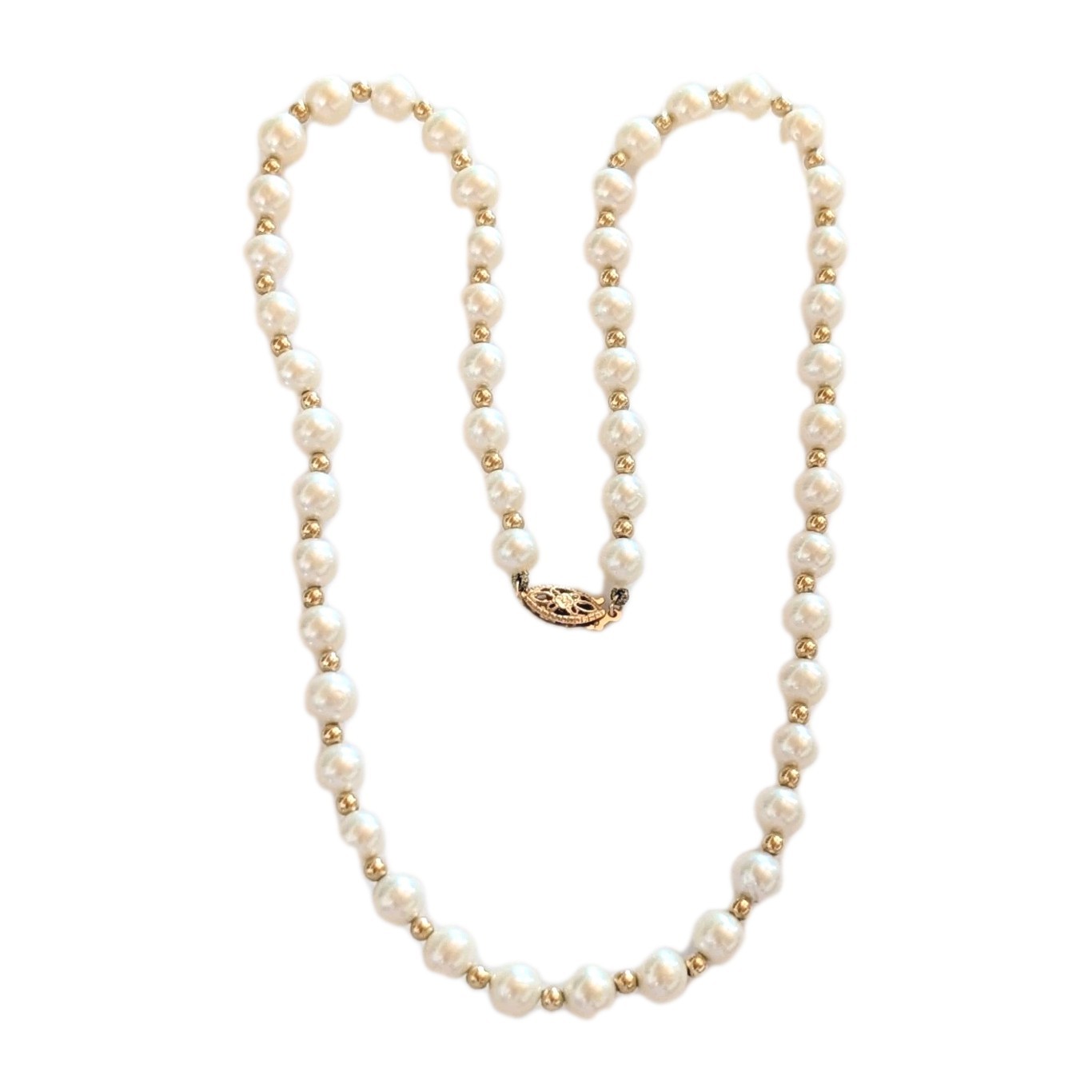 14k Yellow Gold 6mm Genuine Akoya Pearls 18″ Designer Signed DM Necklace