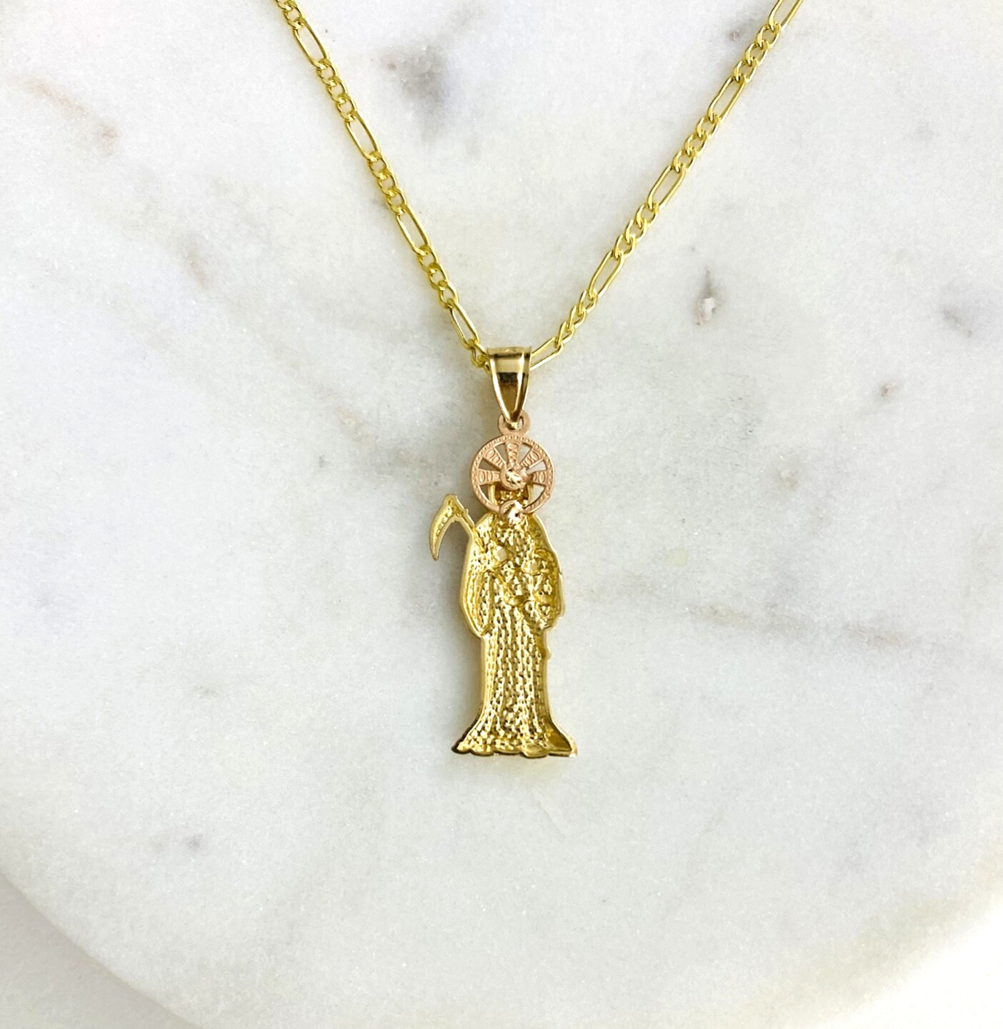 14K SOLID GOLD GRIM REAPER 18″ NECKLACE, 14K SOLID GOLD 34mm SANTA MUERTE – PT97