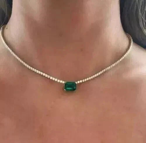 Lab-Created Emerald & Diamond Tennis Choker Necklace 14K White Gold Plated 16″