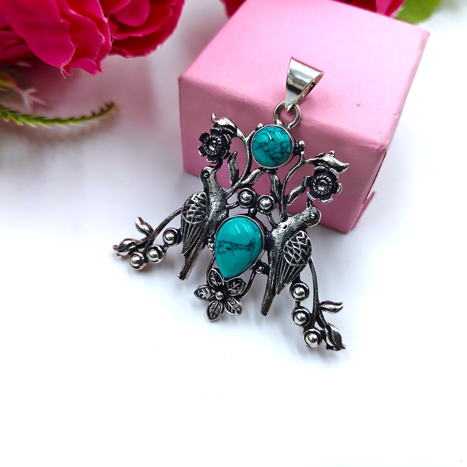 Blue Turquoise Gemstone Handmade 925 Sterling Silver Jewelry Pendant Size 2.25″