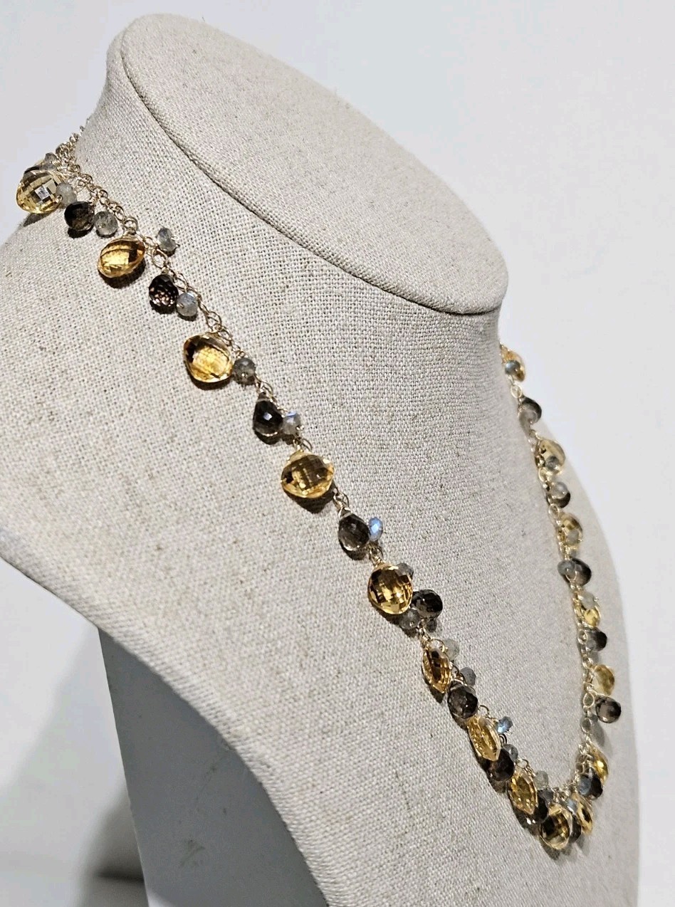 Jewelmak 14K Gold Citrine Smoky Quartz Moonstone Dangle Briolette Necklace 17″