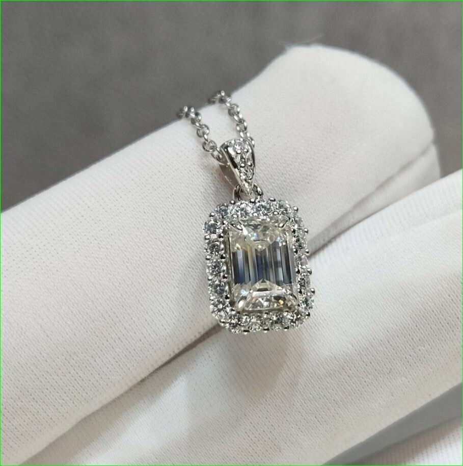 2.00Ct Lab Created Diamond Emerald Halo Pendant 14K White Gold Plated Free Chain
