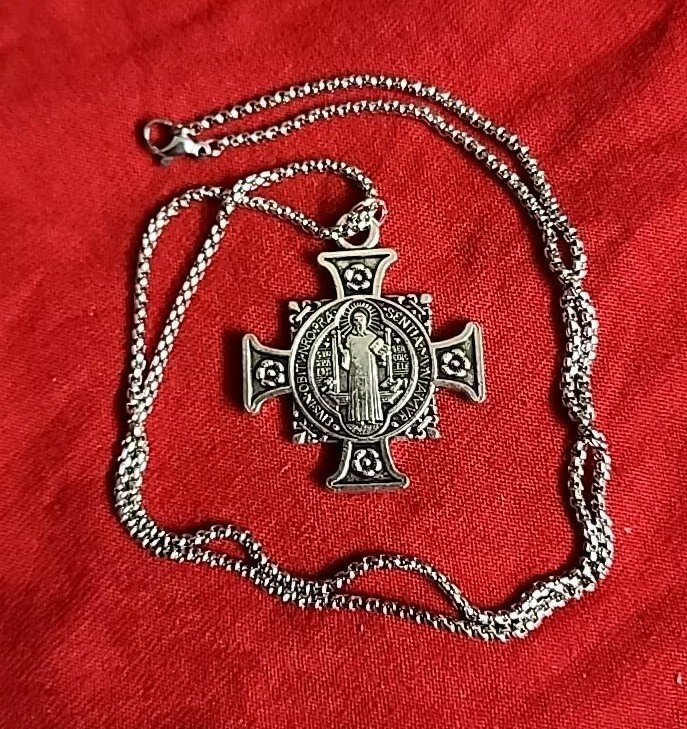 SILVER PLATED SAINT BENEDICT BMedal Cross Pendant on 22 In Chain FREE SHIPPING