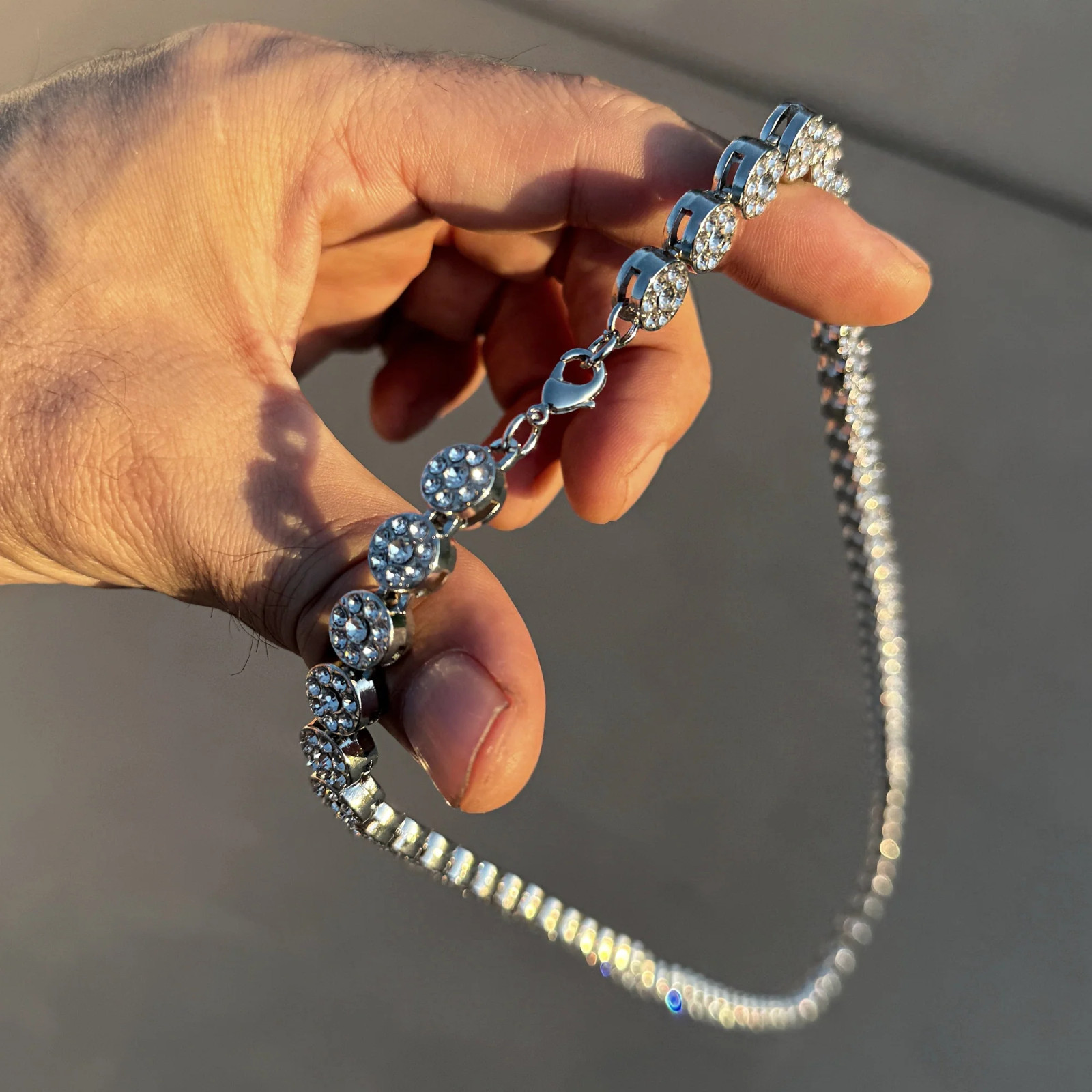 Men’s Flower Cluster Hip Hop Chain CZ Iced Bling Out One Row Silver Tone 36″