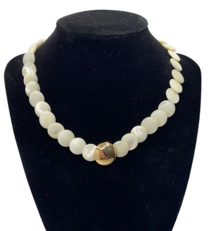 14K Gold Dome Button Pendant on Mother of Pearl Coin Strand w/Gold Barrel Clasp