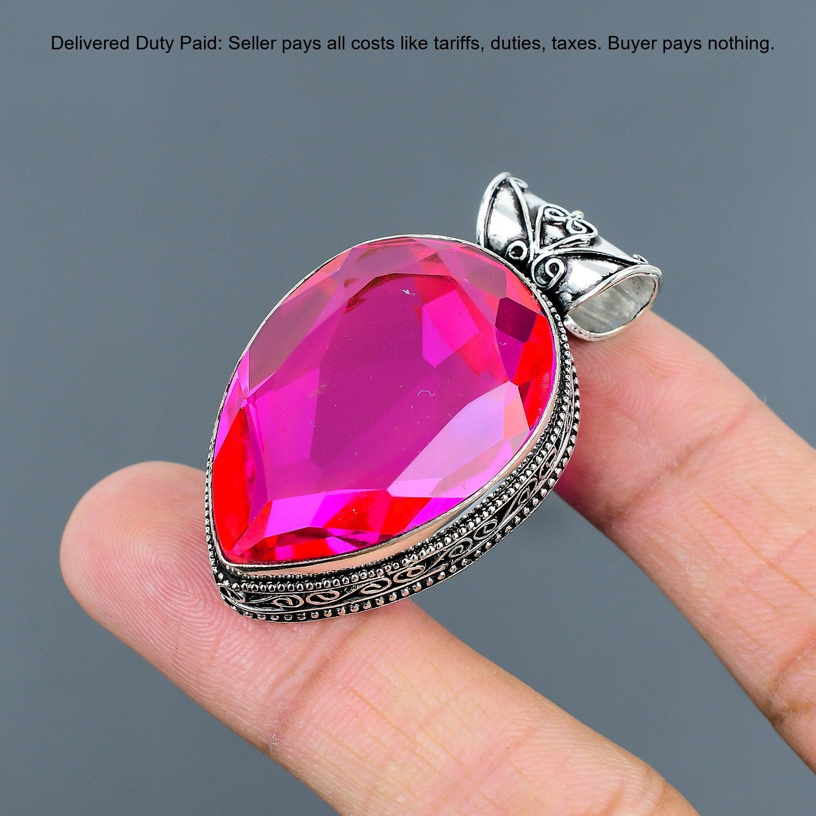 Pear Natural Pink Fire Topaz Bezel Birthday Vintage Wife Pendant Sterling Silver