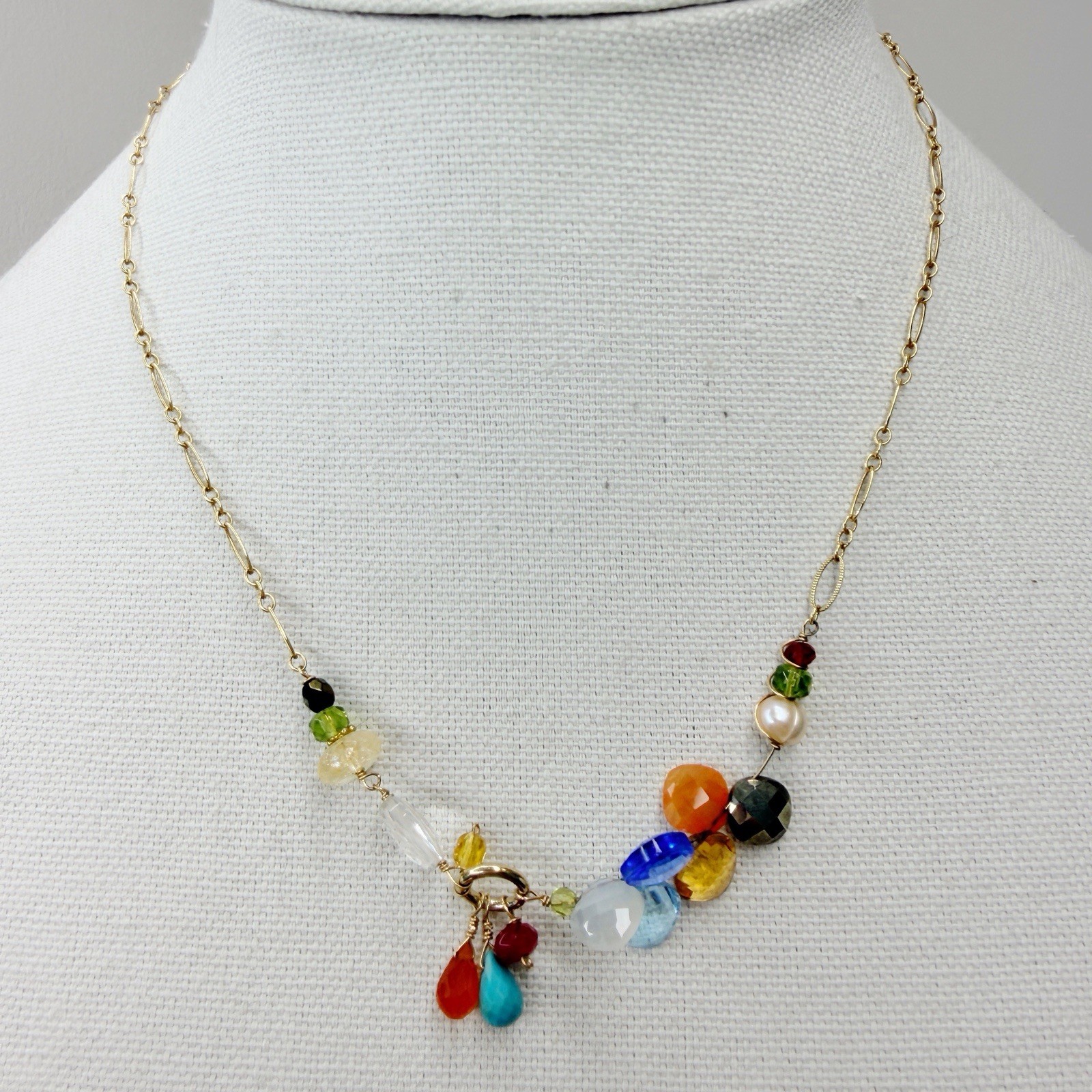 Anna Balkan Cluster Gemstone Necklace Pearl Topaz Carnelian Citrine Peridot Boho