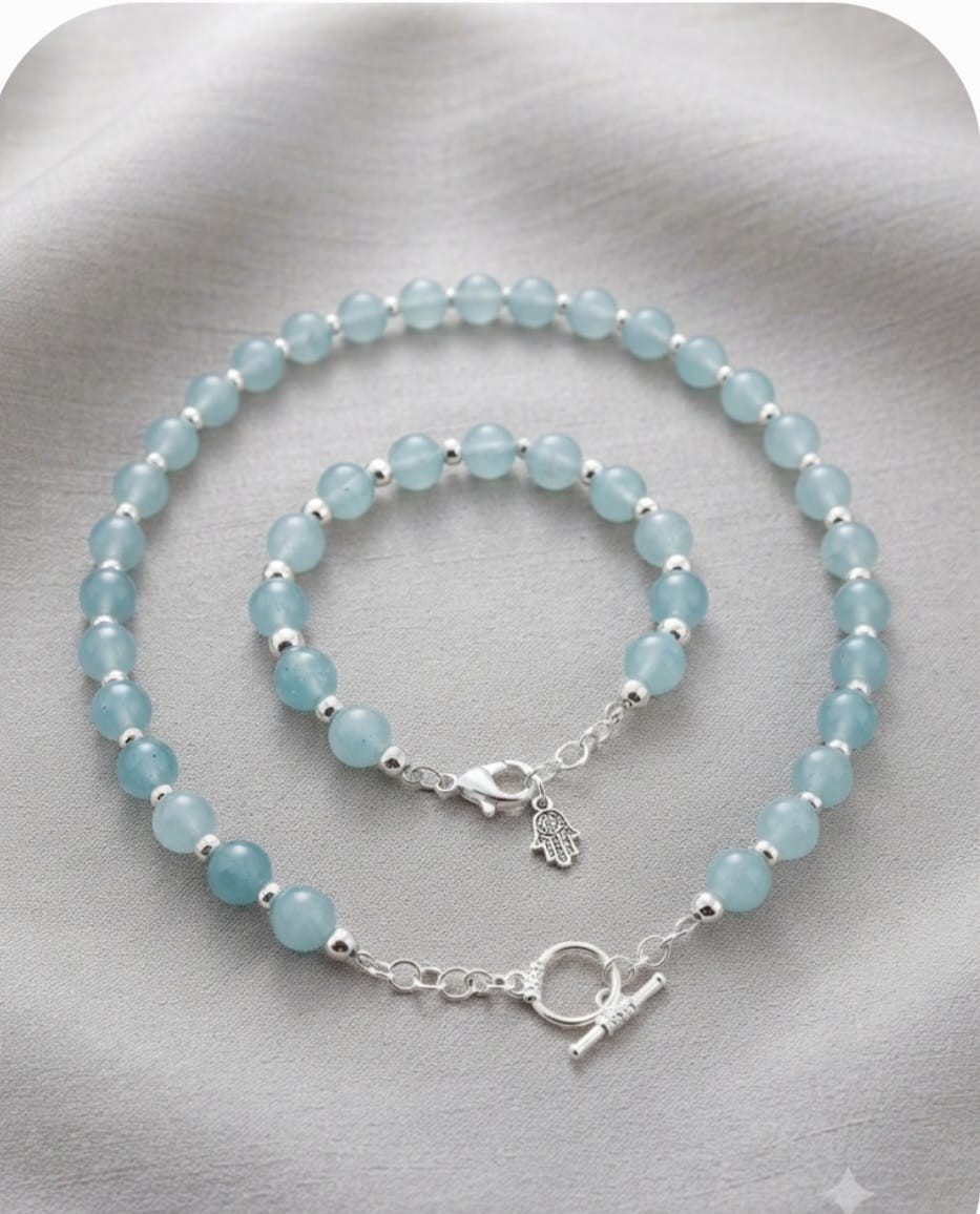 Light Blue Jade Bead Necklace and Bracelet Set Sterling Silver Hamsa Women Gift