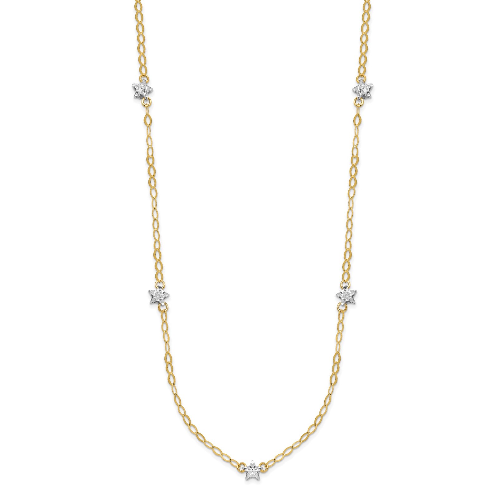 14K Two-tone Diamond-cut Stars Oval Chain 16 inch Station Necklace Plus 2 inch