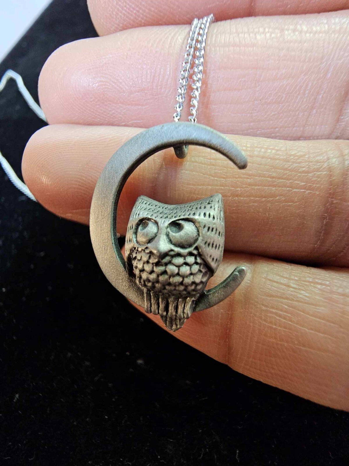 Pewter /Metal Owl on Crescent Moon Pendant 3D w Hallmark Cards Chain Necklace