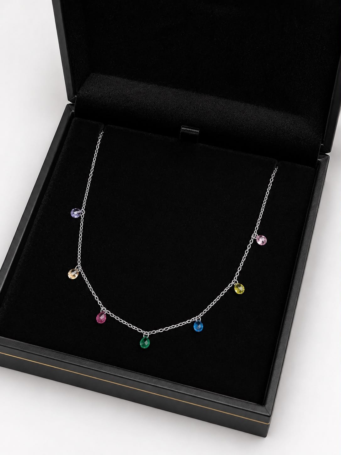 925 Sterling Silver Dainty Necklace with 7 Colorful Glass Stones for Women