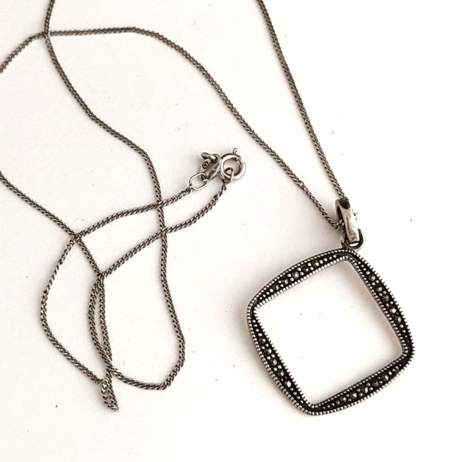 Sterling Silver Marcasite Pendant Necklace Open Square Bohemian Thailand 18”
