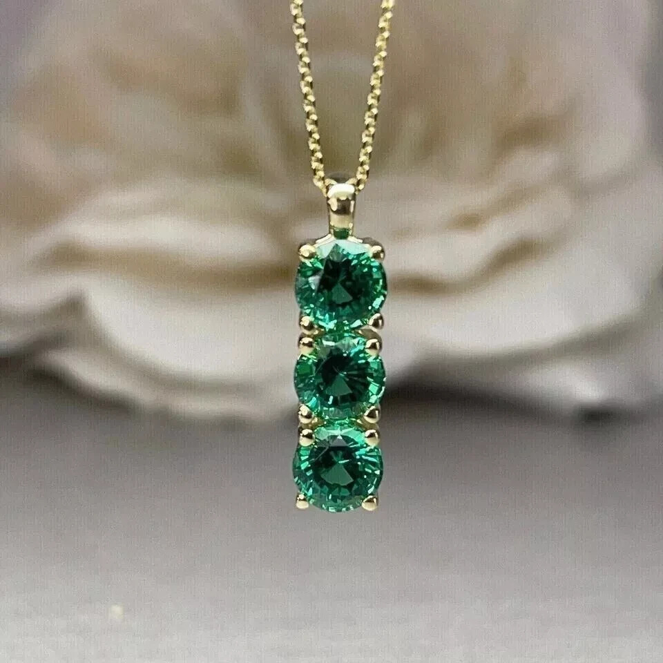 Green Emerald 2Ct Round Cut Lab-Created 3 Stone Pendant 14k Yellow Gold Plated