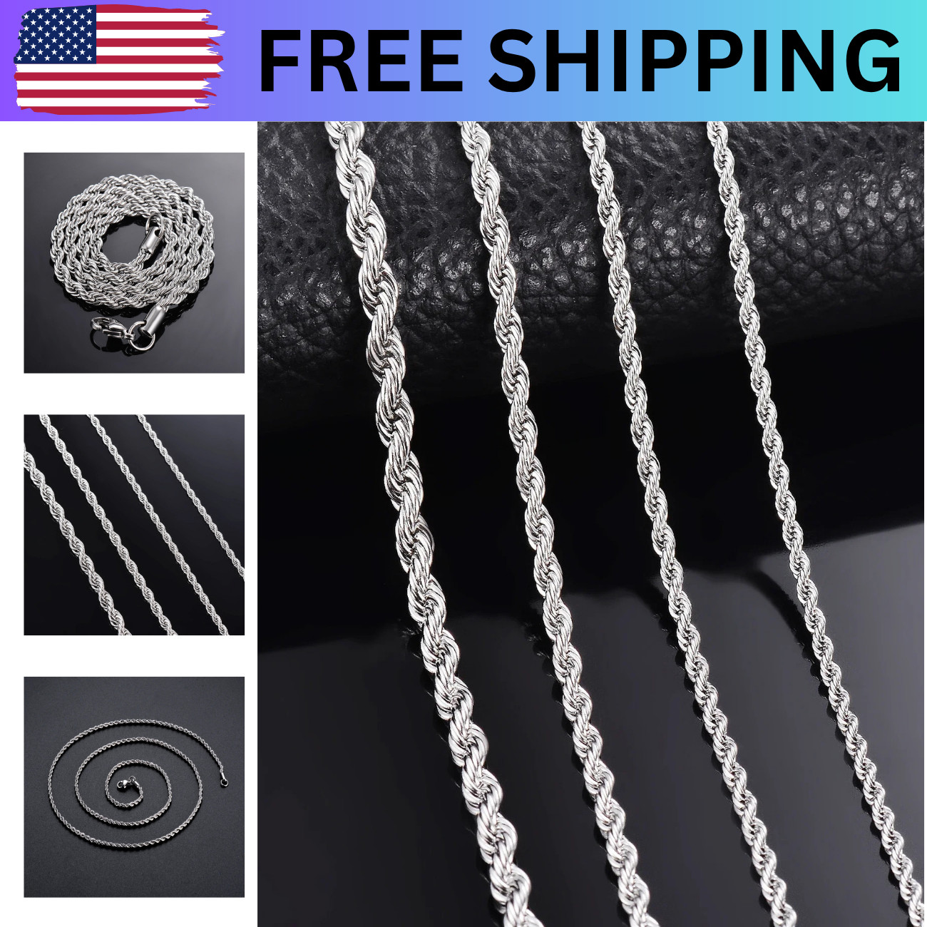 Italian Solid Sterling Silver Rope Link Chain Necklace 925 Silver Chain UNISEX