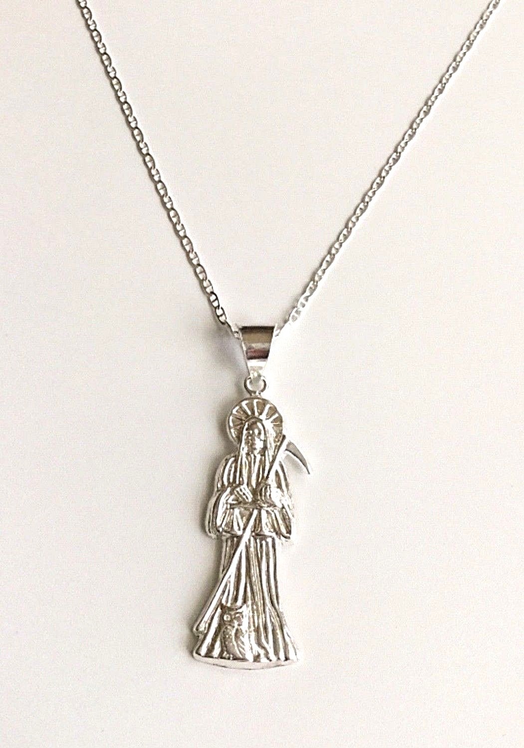 925 PLATA CADENA DE LA SANTA MUERTE 18″ LARGO/GRIM REAPER NECKLACE 18” 45x14mm