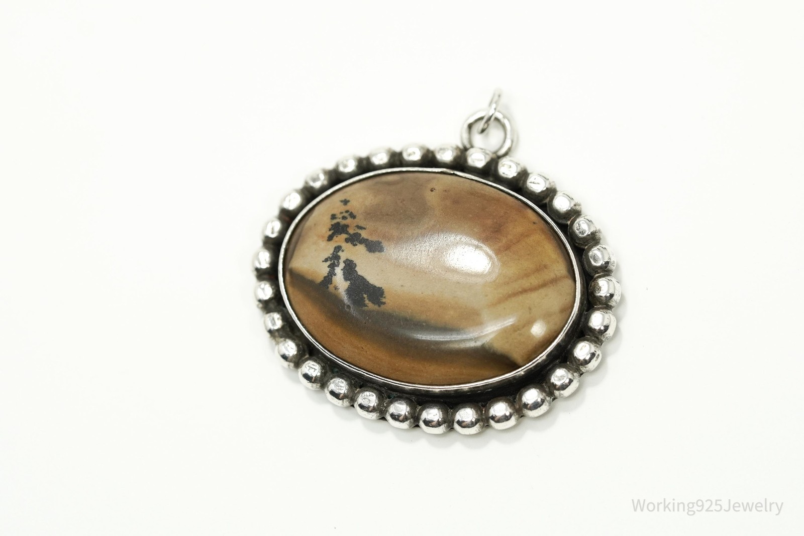 Vintage 1970s Picture Jasper Silver Necklace Pendant 1 3/8″